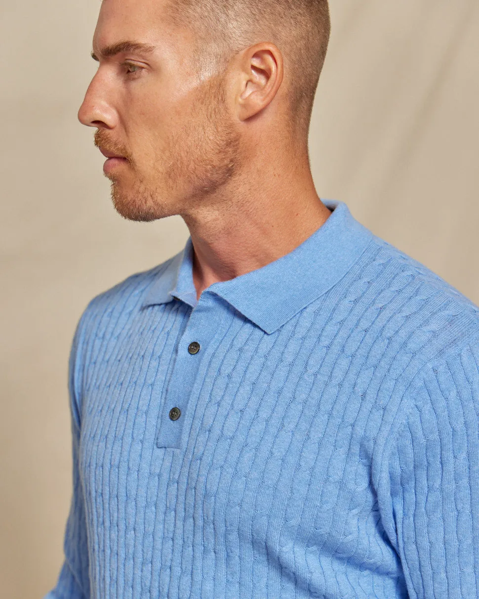 The Harlan - Cotton/Cashmere LS Cable Knit Polo - Blue