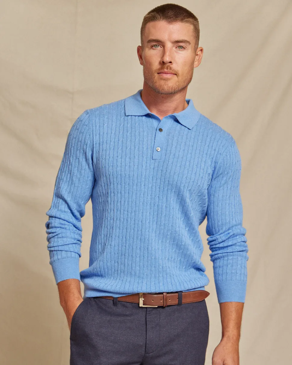 The Harlan - Cotton/Cashmere LS Cable Knit Polo - Blue