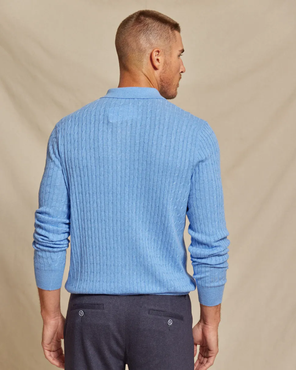 The Harlan - Cotton/Cashmere LS Cable Knit Polo - Blue