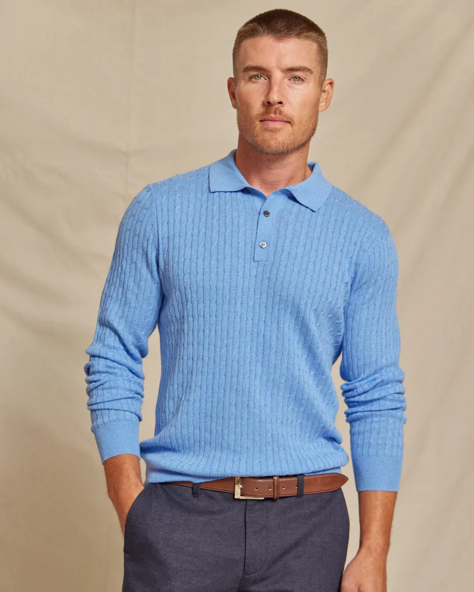 The Harlan - Cotton/Cashmere LS Cable Knit Polo - Blue