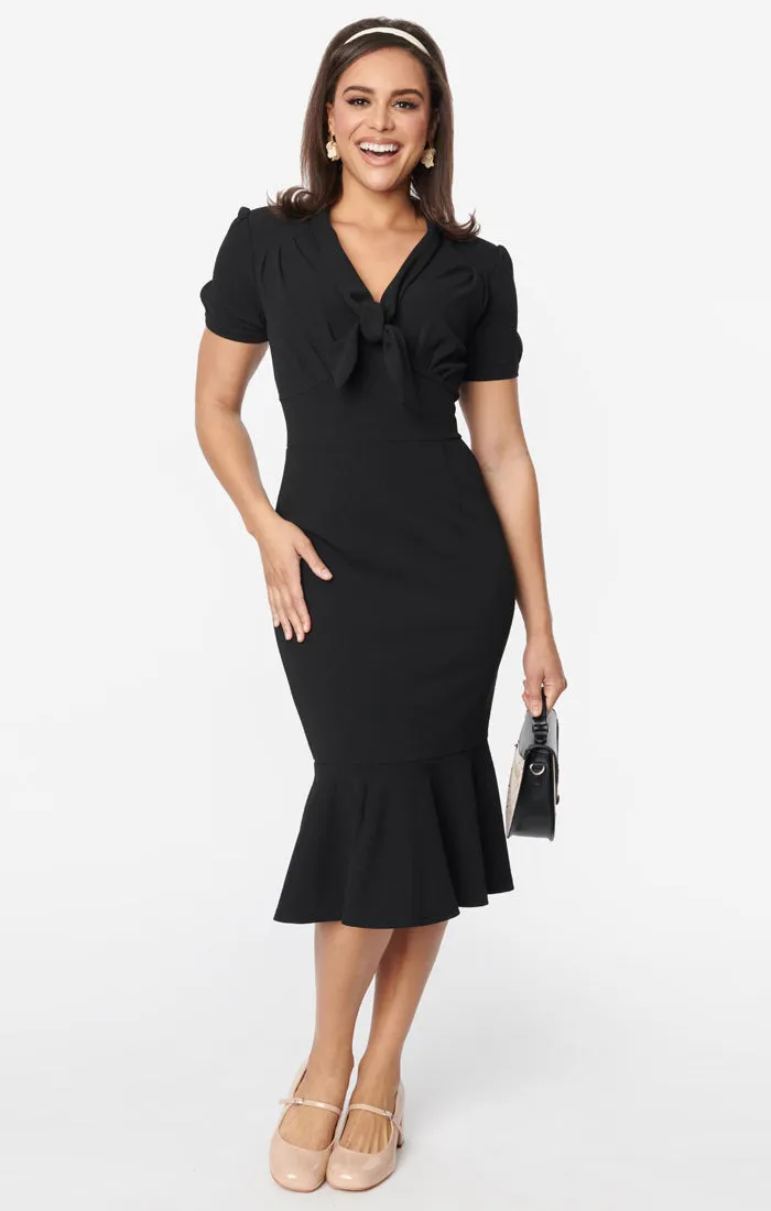 Tie-Neck Wiggle Dress in Black by Unique Vintage