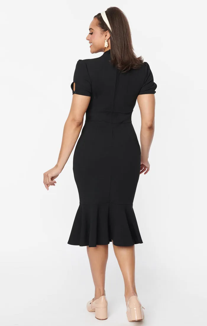 Tie-Neck Wiggle Dress in Black by Unique Vintage