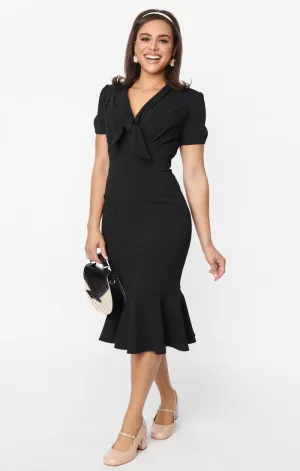 Tie-Neck Wiggle Dress in Black by Unique Vintage