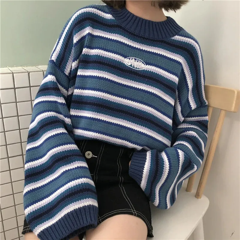 Toleet-Clarissa Sweater Blue & White Striped Oversized Jumper Embroidered Mock Neck Cropped Pullovers Harajuku Women's Sweaters /