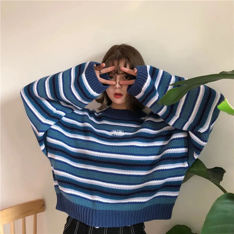 Toleet-Clarissa Sweater Blue & White Striped Oversized Jumper Embroidered Mock Neck Cropped Pullovers Harajuku Women's Sweaters /