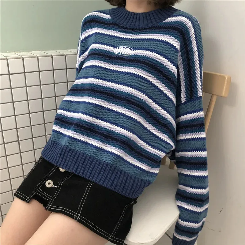 Toleet-Clarissa Sweater Blue & White Striped Oversized Jumper Embroidered Mock Neck Cropped Pullovers Harajuku Women's Sweaters /