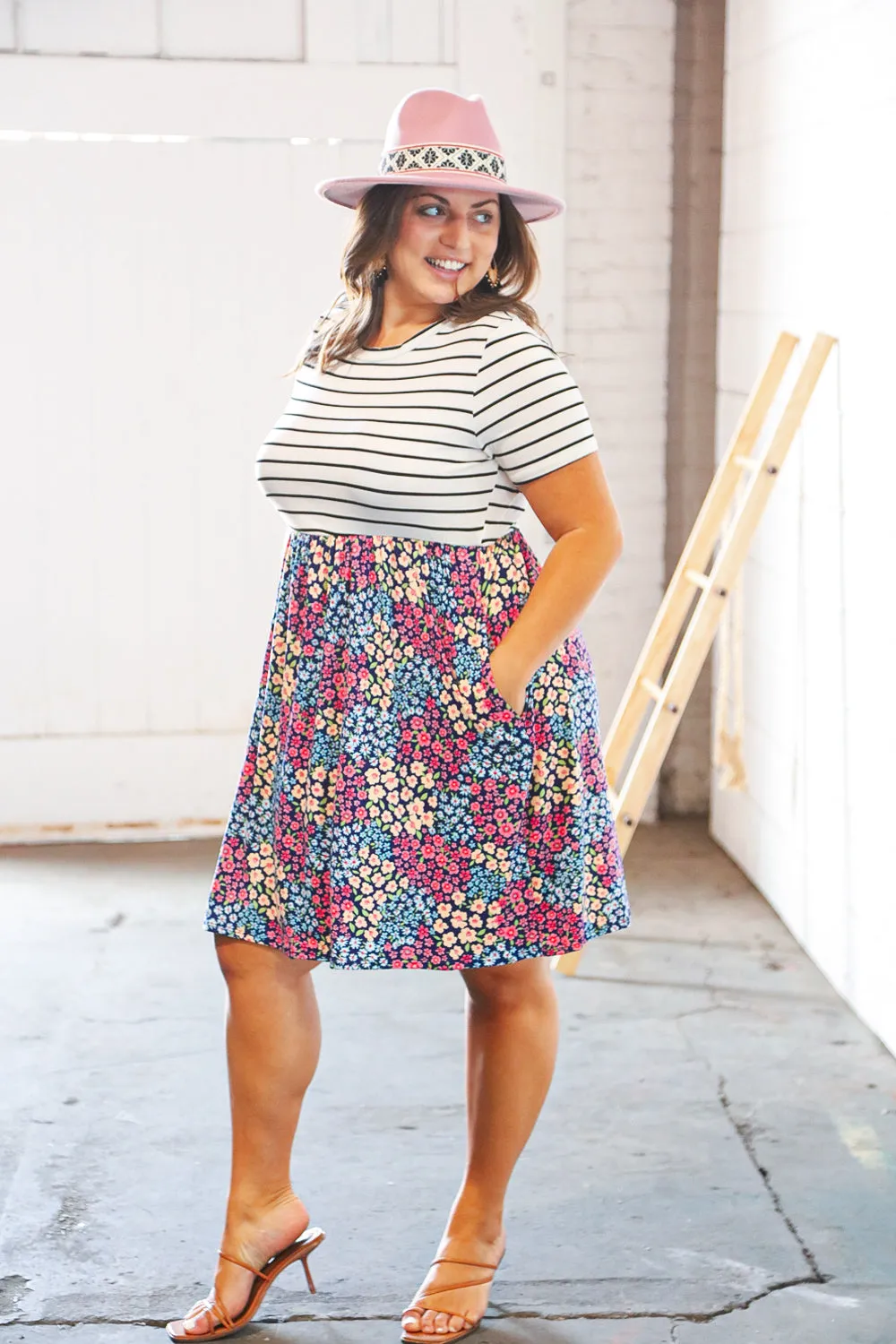 Two Fer Stripe & Multicolor Floral Color Block Tiered Dress