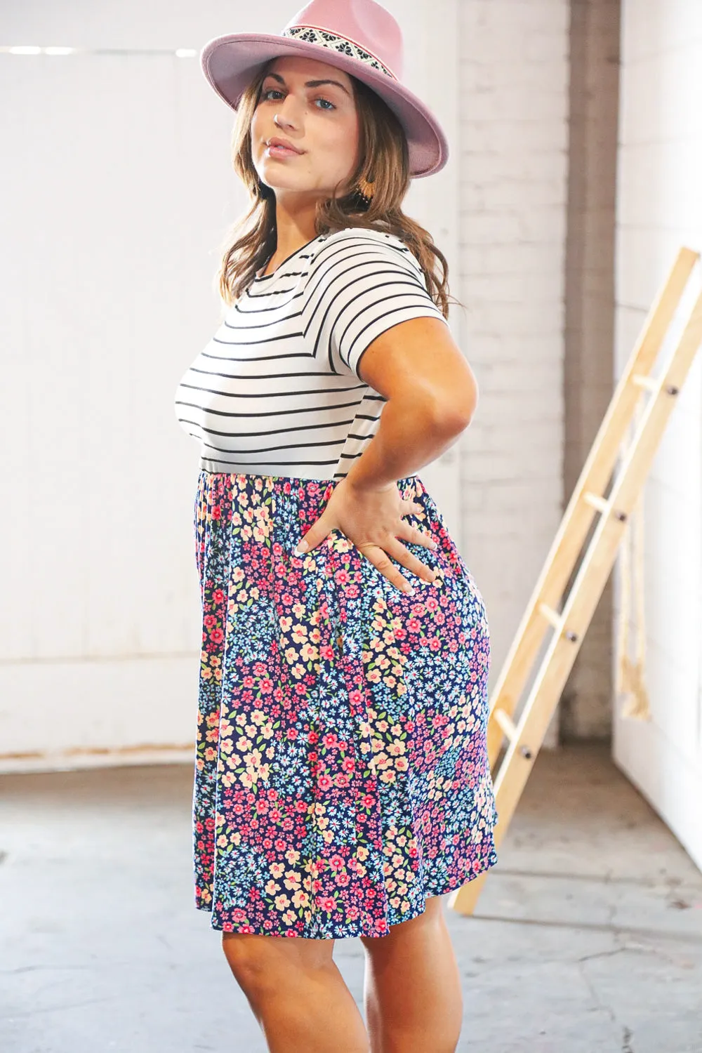 Two Fer Stripe & Multicolor Floral Color Block Tiered Dress