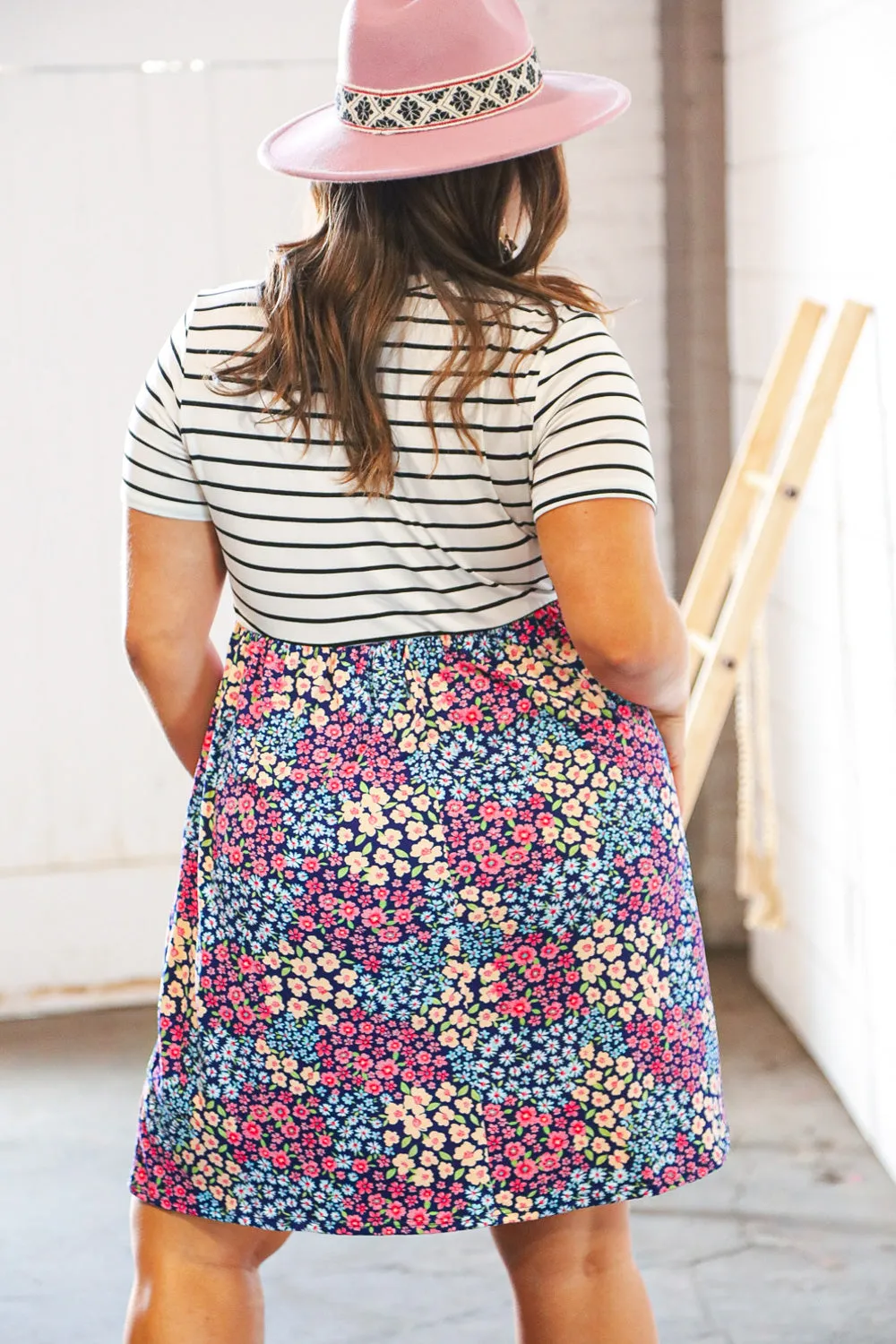 Two Fer Stripe & Multicolor Floral Color Block Tiered Dress