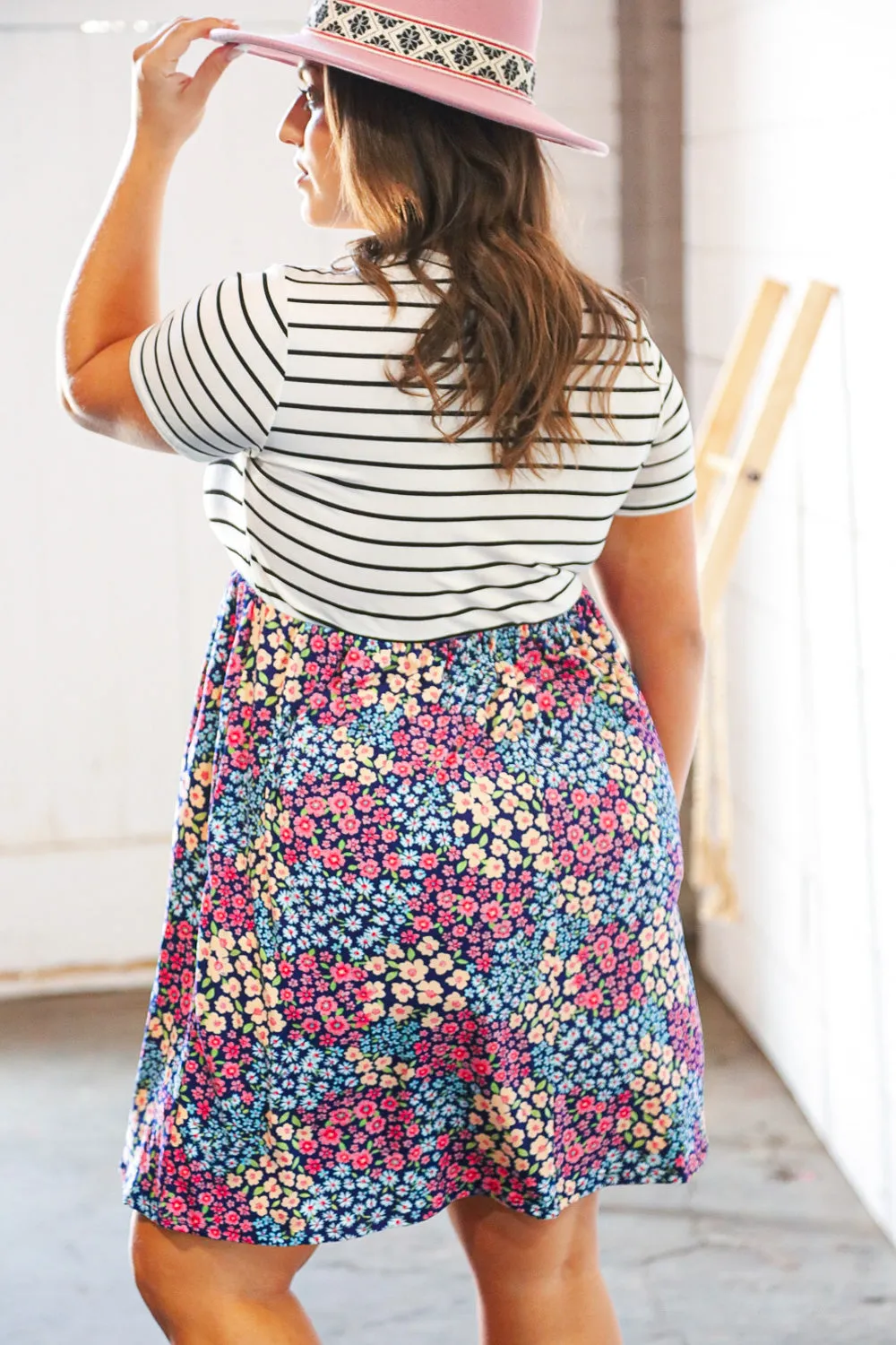 Two Fer Stripe & Multicolor Floral Color Block Tiered Dress