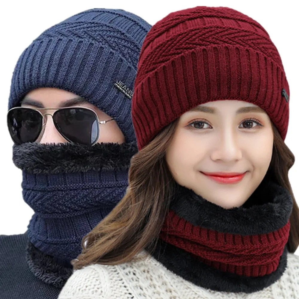 Unisex Fur Lined Outdoor Knitted Woolen Warm Winter Cap