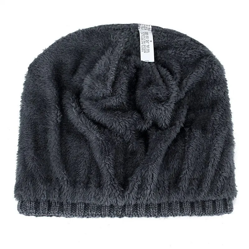 Unisex Fur Lined Outdoor Knitted Woolen Warm Winter Cap