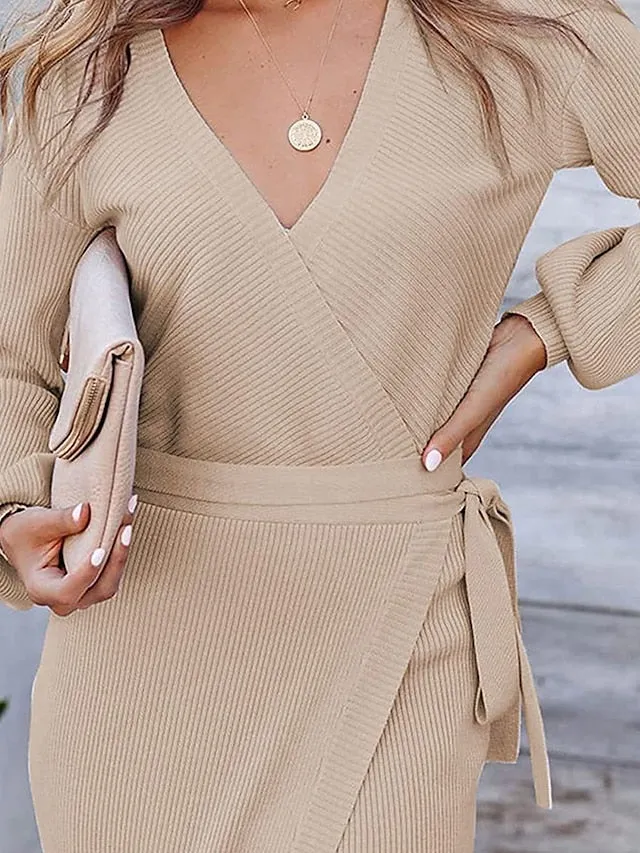 V Neck Long Sleeve Wrap Midi Knit Sweater Dress