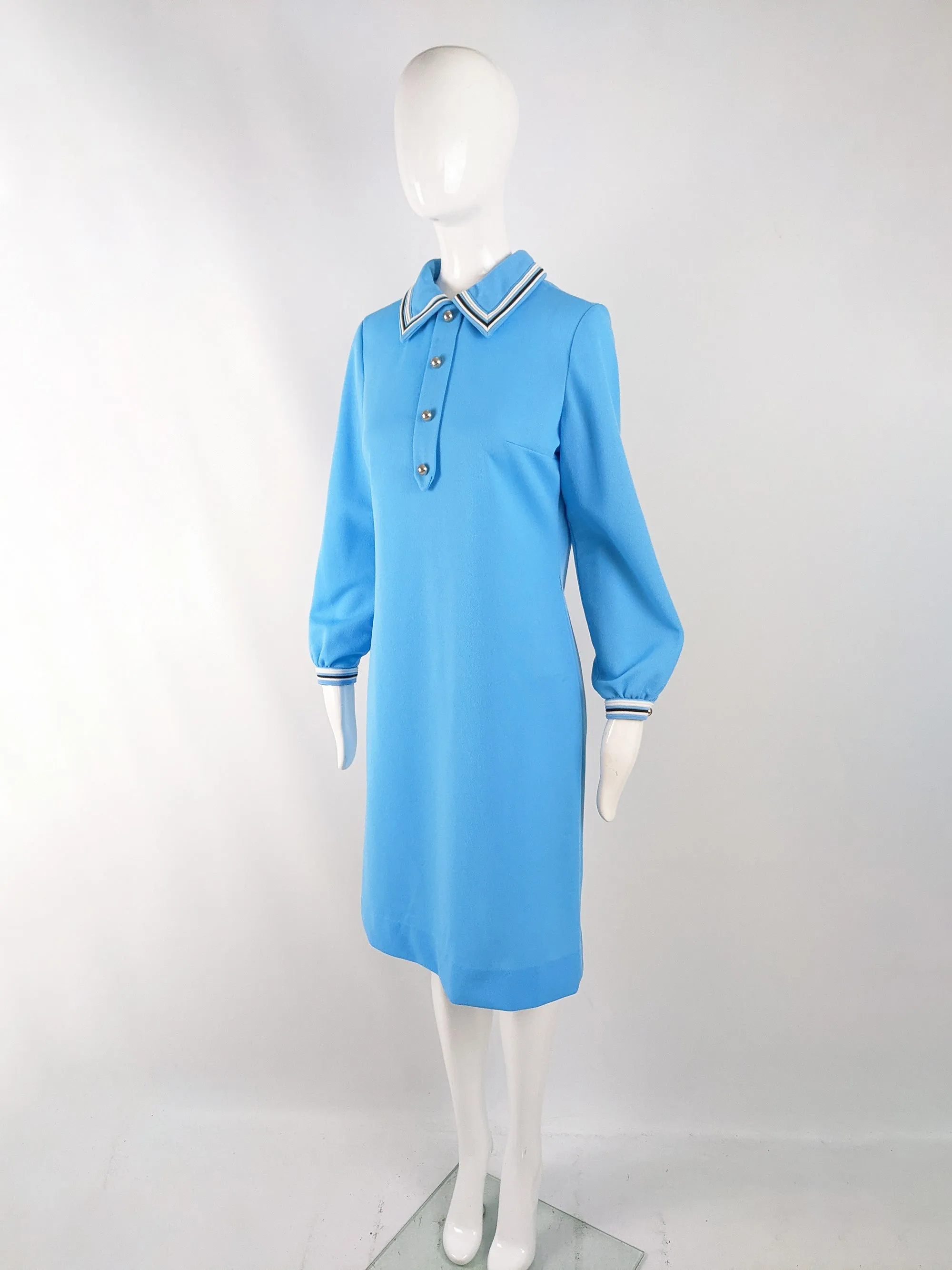 Vintage 1960s Blue Polyester Knit Shift Dress