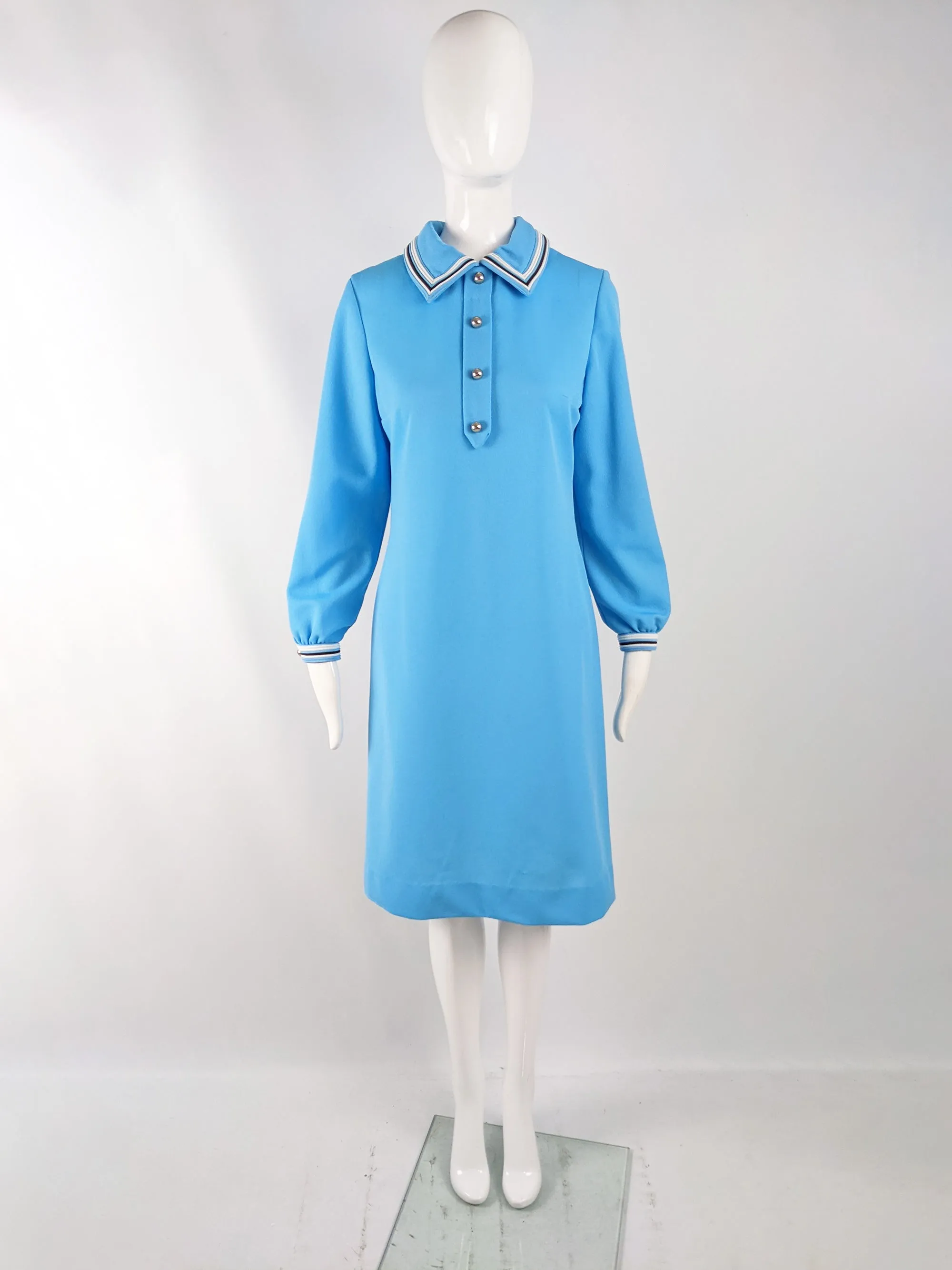 Vintage 1960s Blue Polyester Knit Shift Dress