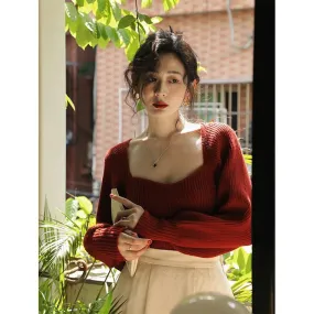 Vintage Square Neck Sweater Women Elegant Solid Knitted Pullovers Korean Slim Knitwear Streetwear All Match Jumper Tops