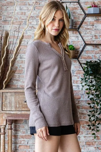 Waffle Knit Notched Long Sleeve Top