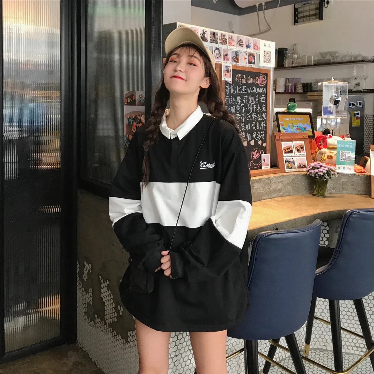 Wenkouban Women Winter Leisure Polo Collar Pullover Fashion Kpop Letters Long Sleeve Sweatshirts Female College Style Jumper Streetwear