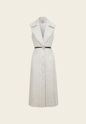 White Sleeveless Lapel Tweed Dress with Belt