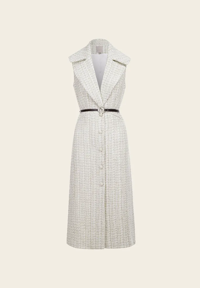 White Sleeveless Lapel Tweed Dress with Belt