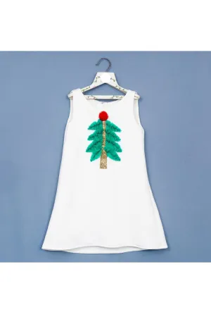 White Xmas Tree Embroidered A Line Neoprene Dress