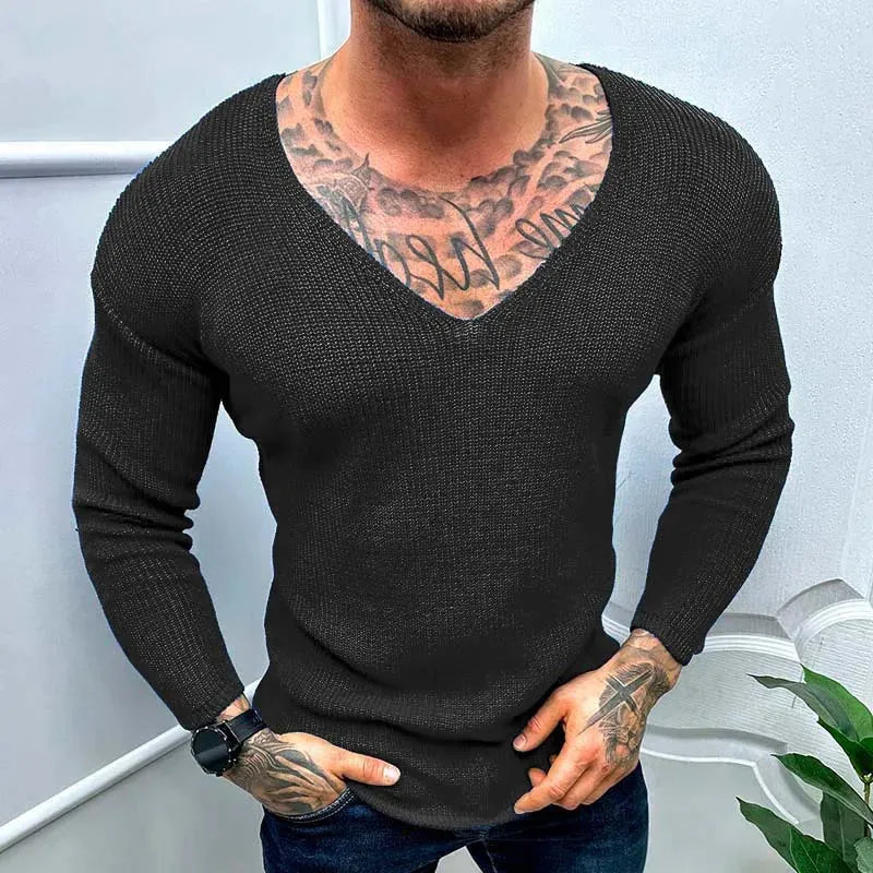 Wiaofellas  -  Mens Casual V-Neck Solid Sweater Spring Summer Fashion Knitted Pullover Tops For Men Harajuku Long Sleeve Jumper Streetwear