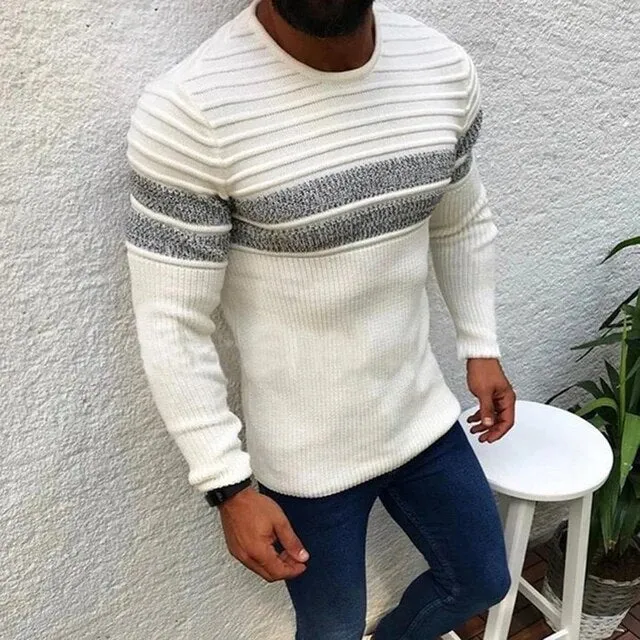 Wiaofellas Winter Long Sleeve Striped Jumper Top Fashion Streetwear O-neck Sweaters Fall Vintage Patchwork Knitted Pullovers Men Clothing