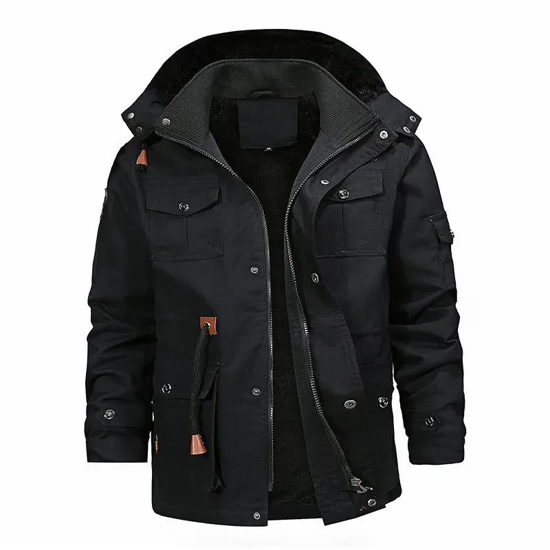 Winter Men's Plush Multiple Pockets Cargo Jacket/Hooded Trench Coat