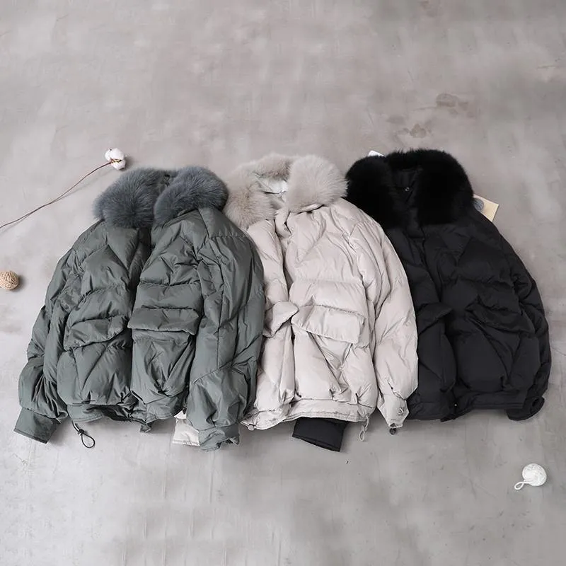 women light gray down jacket oversize down jacket fur collar drawstring Luxury coats