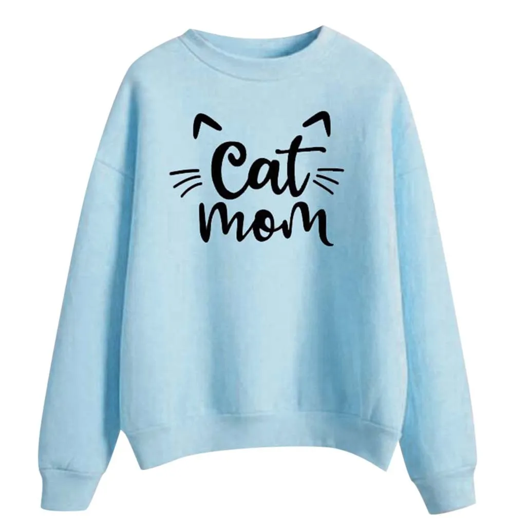 Women Sweatshirt Cat mom letter Printed Hoodie Long Sleeve Pullover Jumper