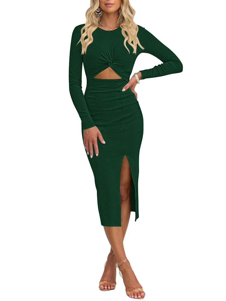 Women's Crew Neck Long Sleeve Midi Dress Cutout Twist Front Bodycon Slit Pencil Ribbed Knit Dresses