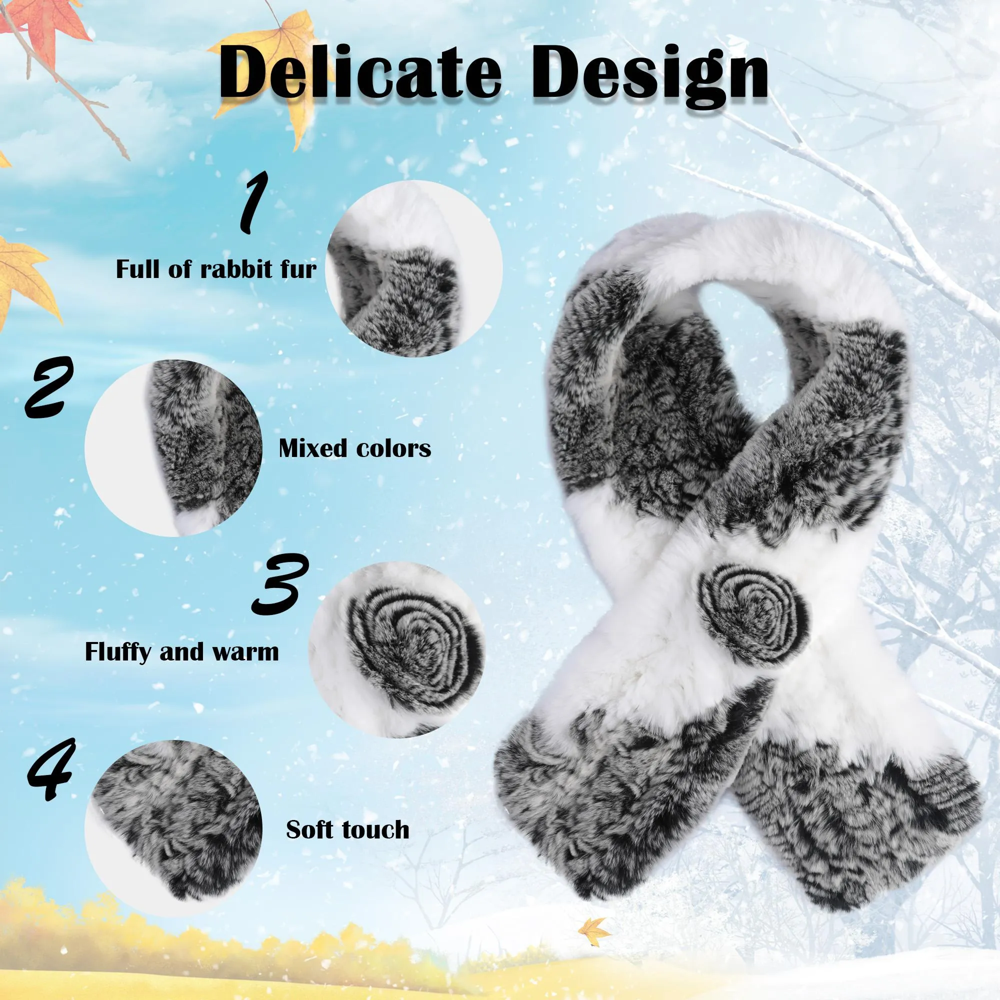 Women's Rex Rabbit Fur Scarf Ladies Flowers Crochet Winter Warm Knitted Fashion Scarf Scarves for Women