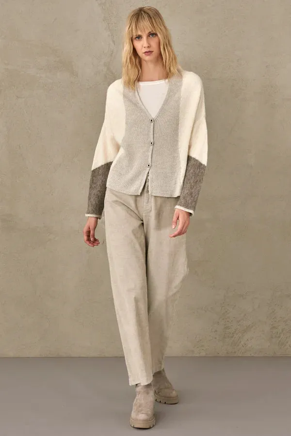 Wool Blend Color Block Cardigan - Ivory Multi