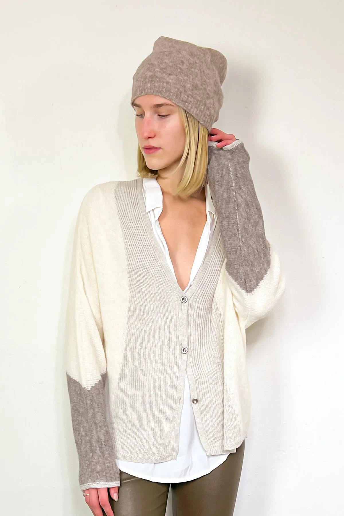 Wool Blend Color Block Cardigan - Ivory Multi