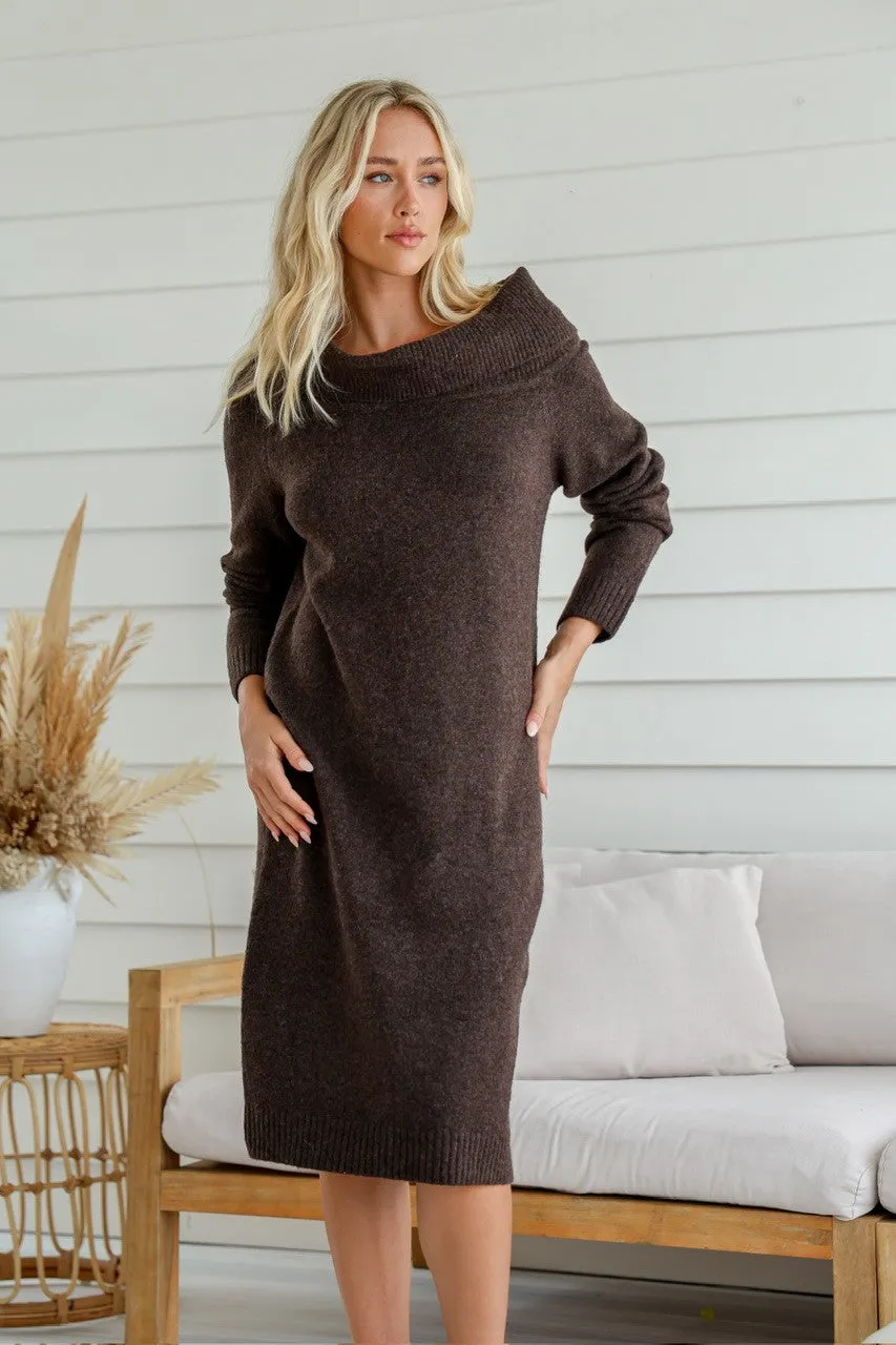 Wool Blend Off Shoulder or Cowl Neck Dress in Coffee