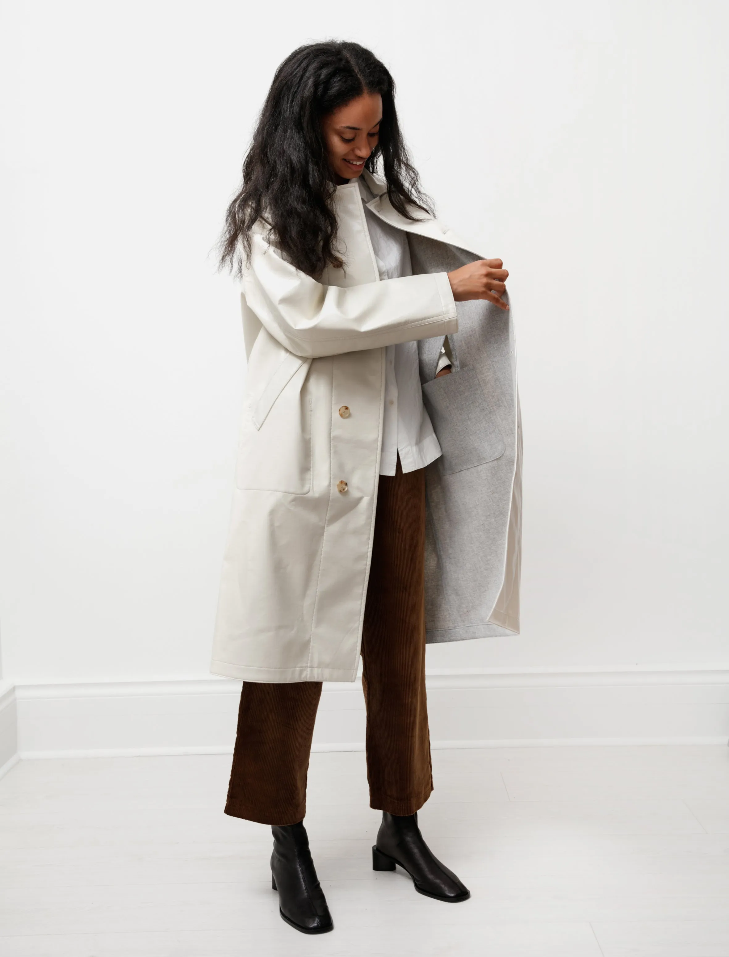 Wool Cashmere Laminate Coat Ivory Top Gray