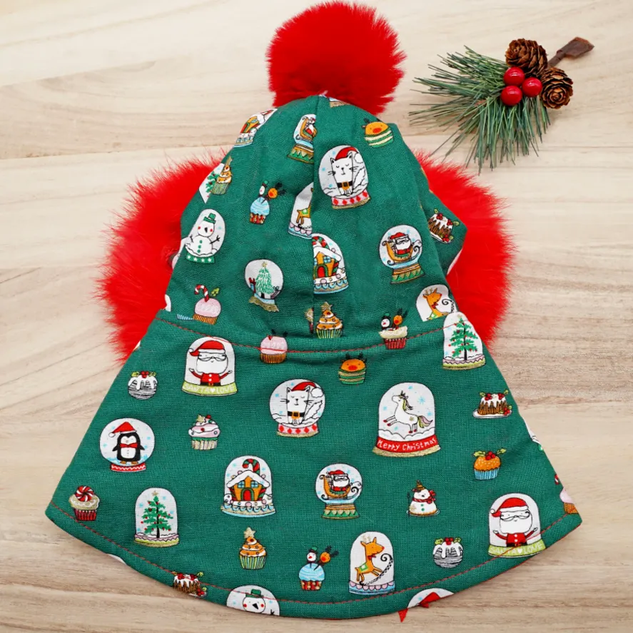 Xmas Hoodie Cape - Pine Green Ornament Prints with Red Faux Fur Trimmings