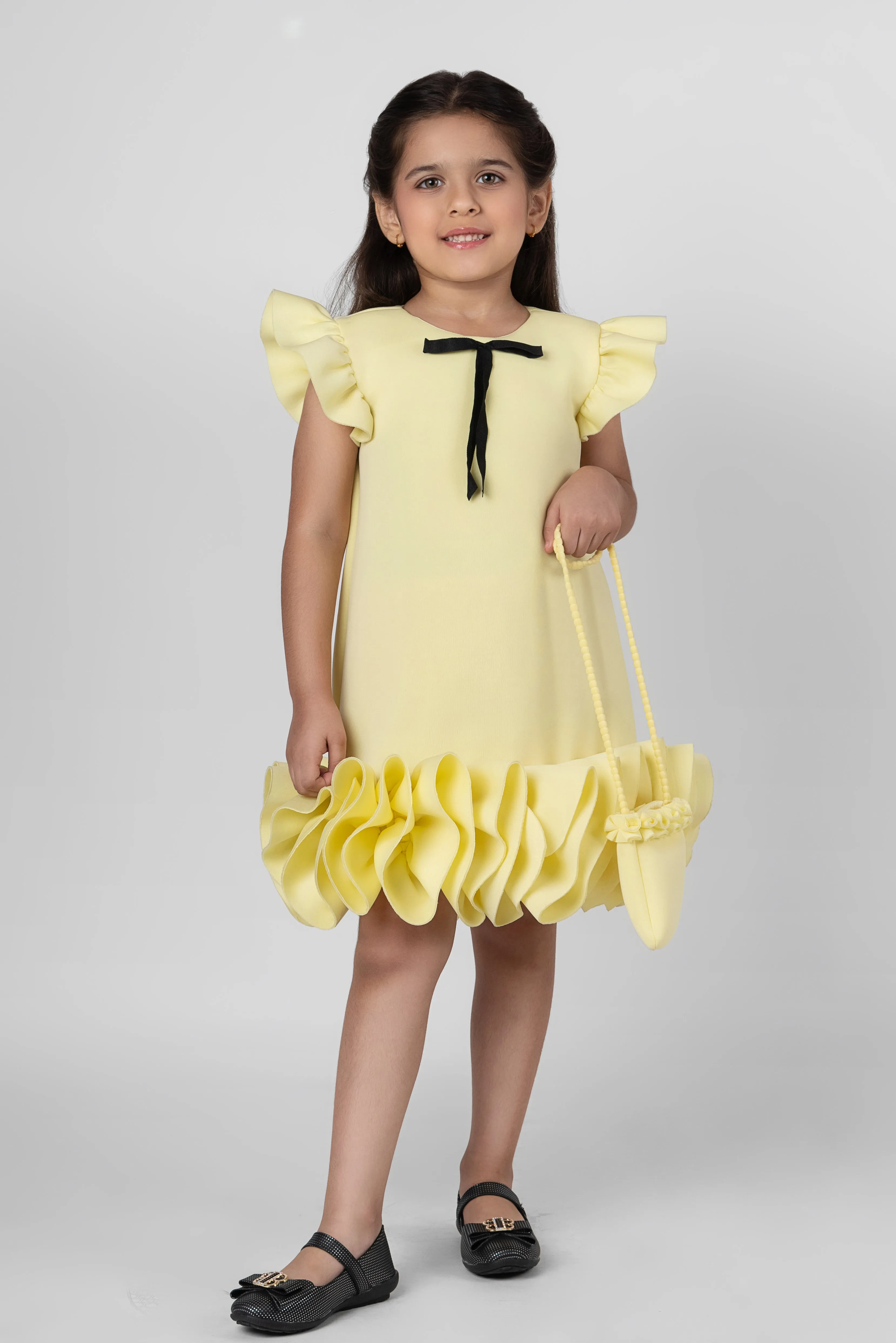 Yellow Bow Detailing Ruffle Neoprene Straight Dress