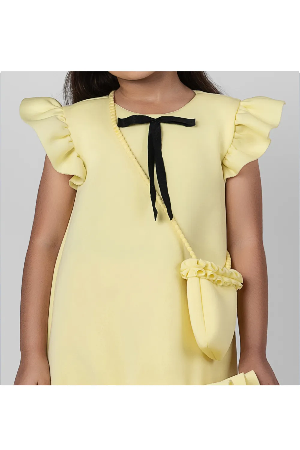 Yellow Bow Detailing Ruffle Neoprene Straight Dress