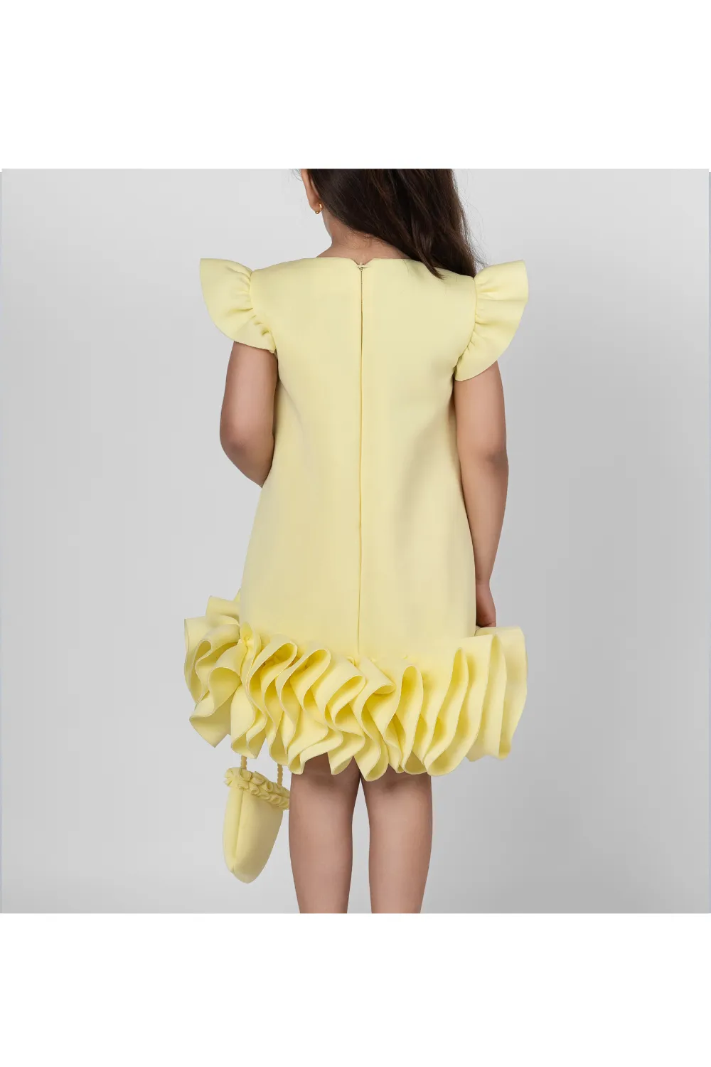 Yellow Bow Detailing Ruffle Neoprene Straight Dress