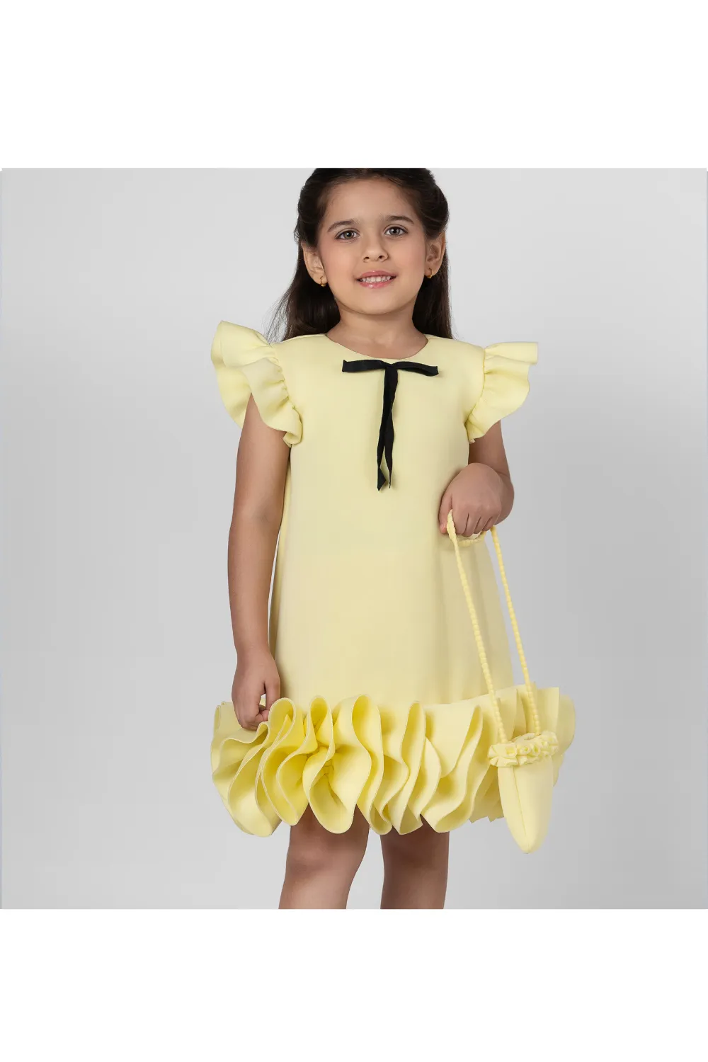 Yellow Bow Detailing Ruffle Neoprene Straight Dress