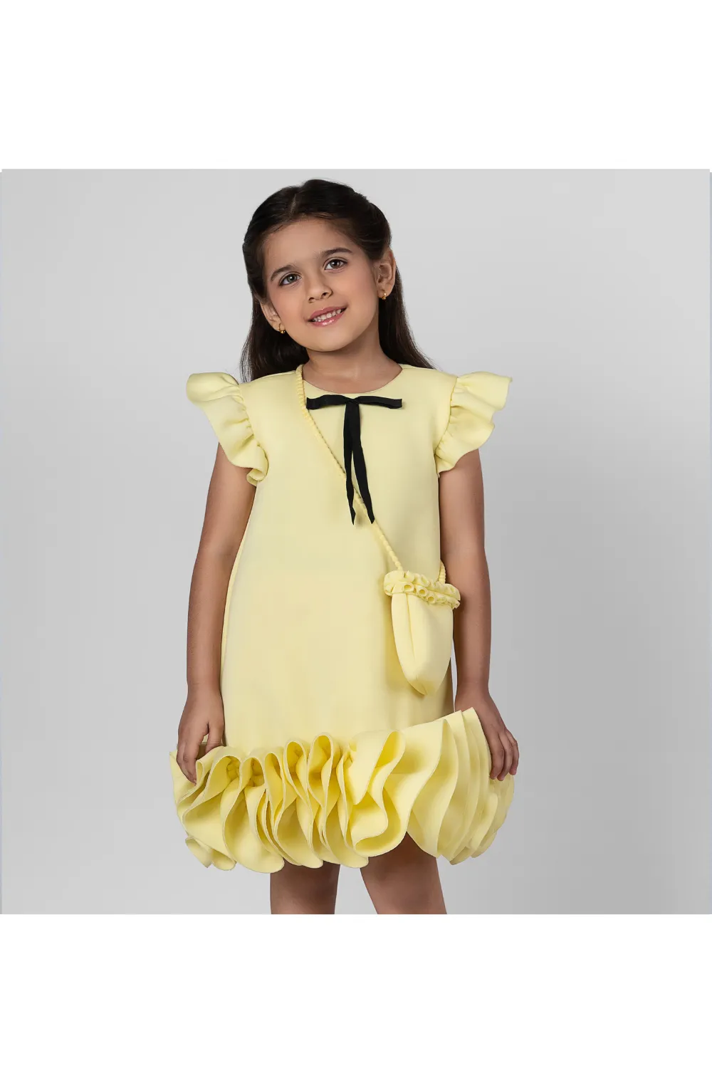 Yellow Bow Detailing Ruffle Neoprene Straight Dress