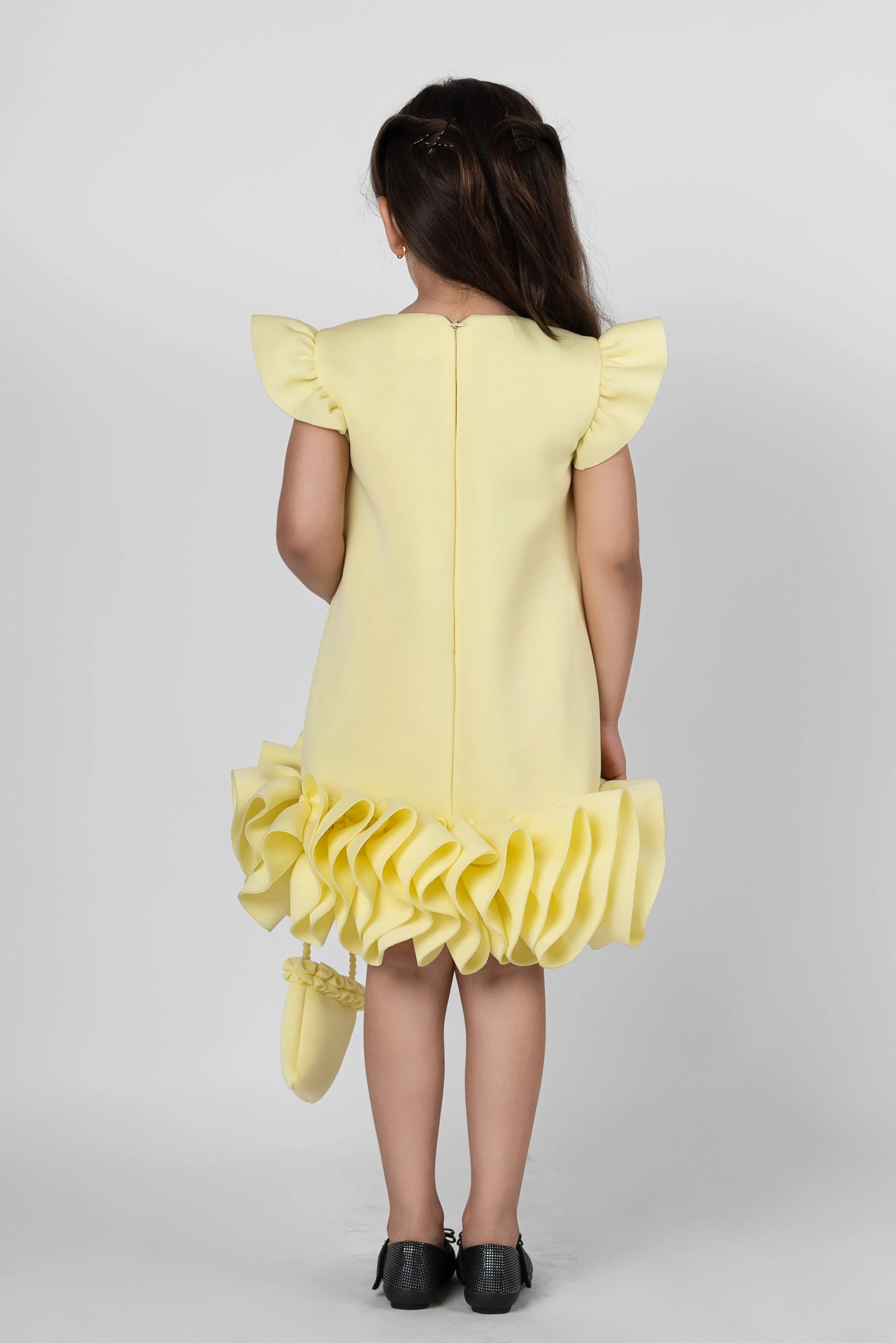 Yellow Bow Detailing Ruffle Neoprene Straight Dress