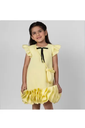 Yellow Bow Detailing Ruffle Neoprene Straight Dress